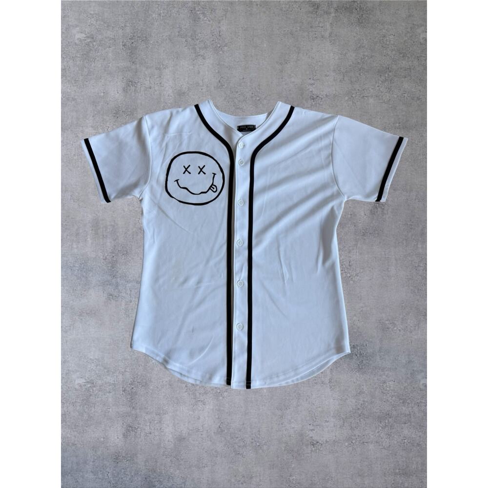 Nirvana Smiley Face Baseball Jersey Pro USA Sunny 17 White Mens Med Streetwear